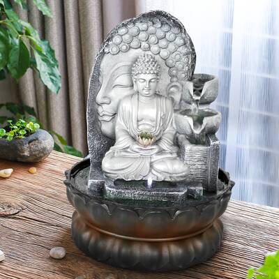 Elegant Resin Home Tabletop Buddha Shape Ornament with LED Light for Living Room Bedroom Crisis Buddha Fountain Unique Buddha Shape Desktop Fountainwith Quiet Submersible Pump US Plug