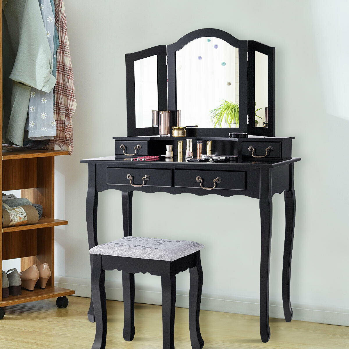 Rosdorf Park Tri Folding Mirror Makeup Dressing Vanity Set With 4 Drawers Black Wayfair