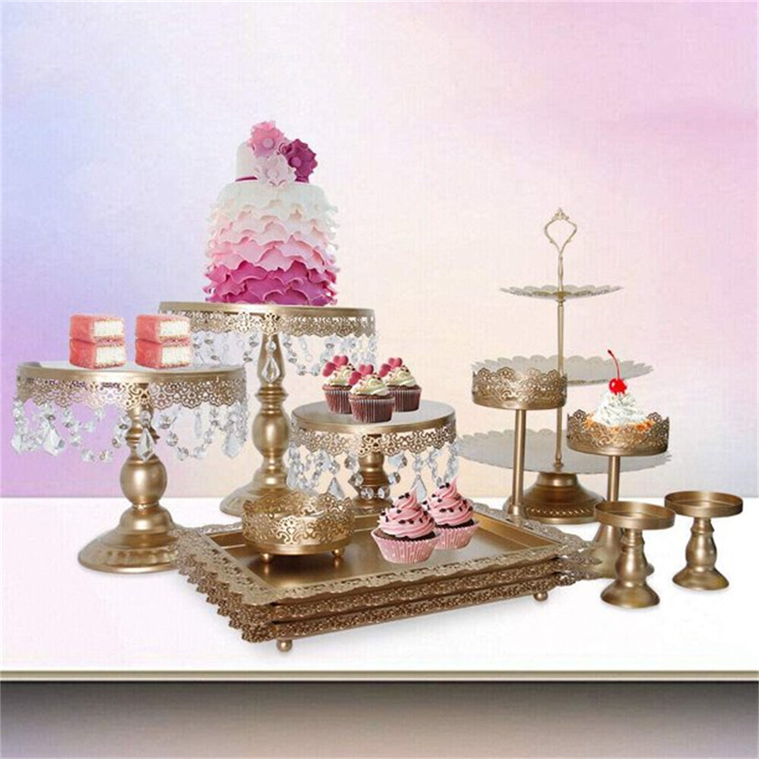 14pcs Classical Gold Cake Stand Wedding Party 3-Tier Metal Dessert Holder Set US 