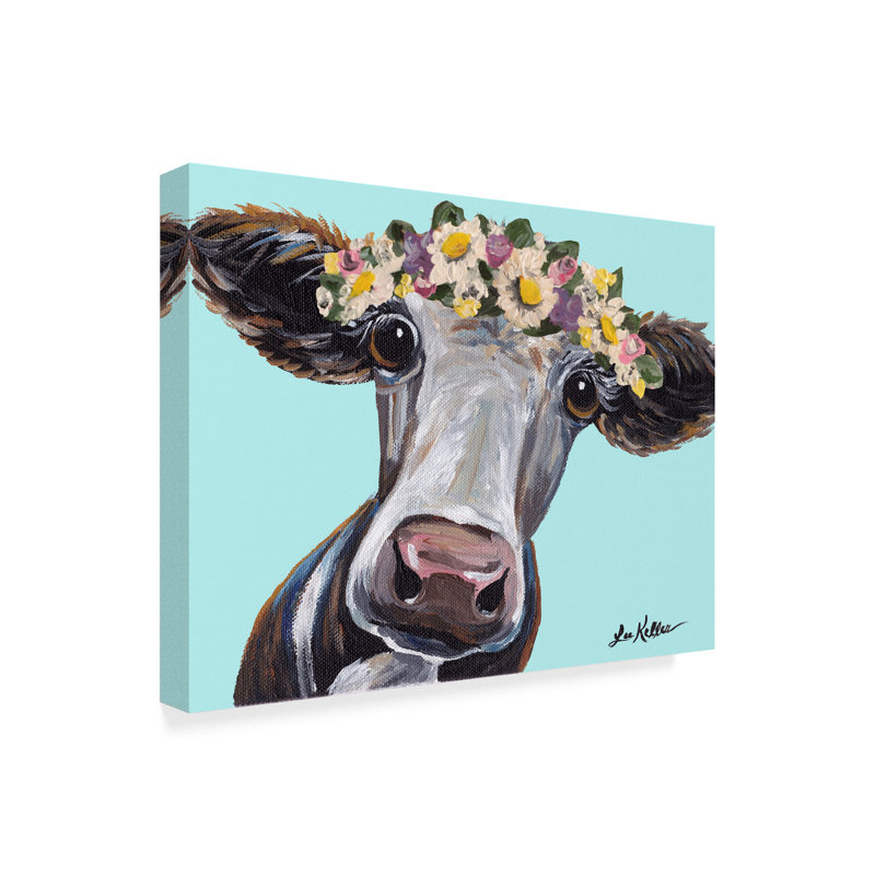 August Grove Cow Cora Flower Crown Blue Acrylic Painting Print