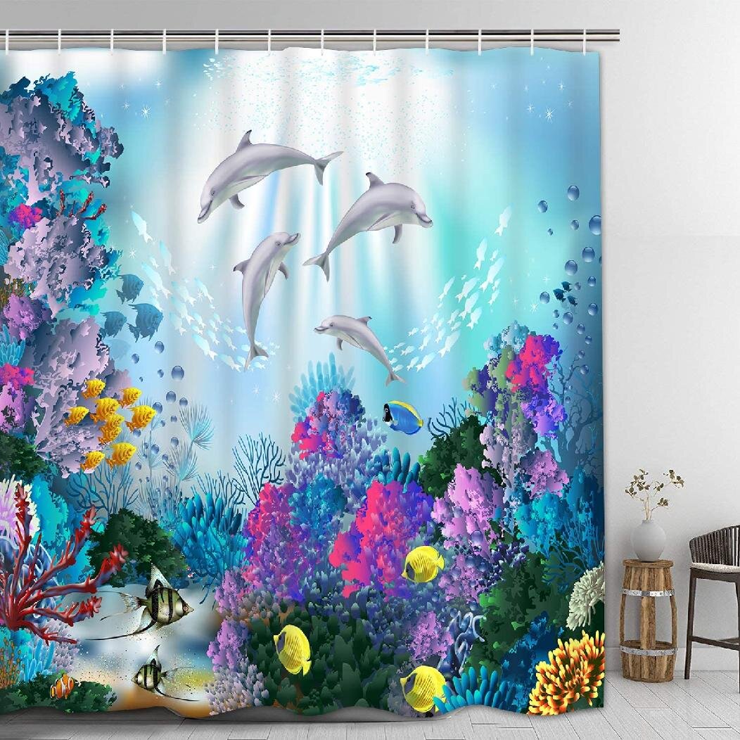 Underwater World Dolphins Shower Curtain Bathroom Waterproof Fabric Mat Hooks
