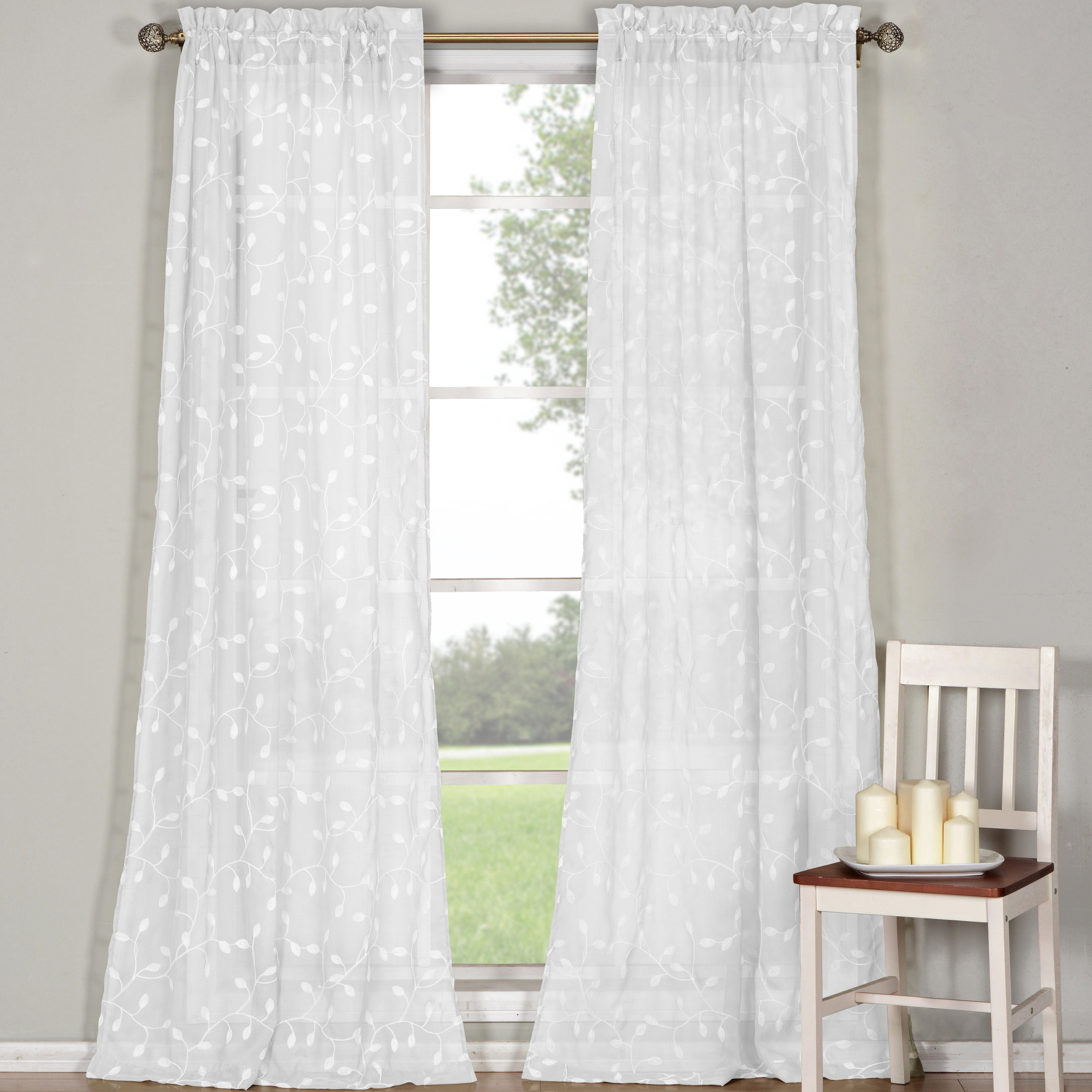 Dr International Kerr Linen Nature Floral Sheer Rod Pocket Curtain
