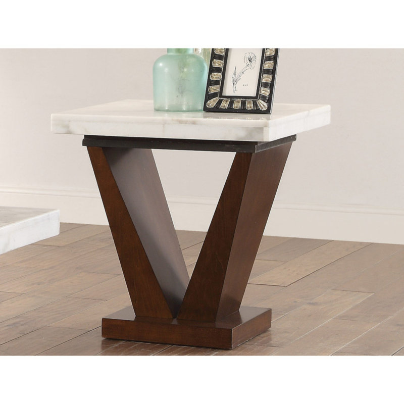 Orren Ellis Mortenson Square Marble Top Wooden V Shape Base End Table Wayfair