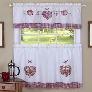 Cacia Gingham Hearts Embellished Tier and Valance Kitchen Curtain Set
