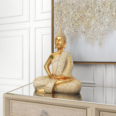 Polystone Meditating Carved Buddha Decorative Sculpture with  Mirrored Embellishments
