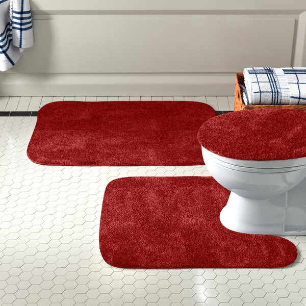 New 3 Piece Wave High Pile Bathroom Set Contour Rug Toilet Lid Cover Orange 