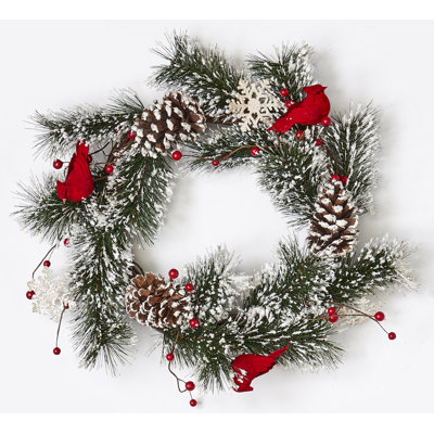 22\" Artificial Snowy Pine Christmas Wreath with Cardinals & Snowflakes on Natural Twig Base INCOMPLETE 