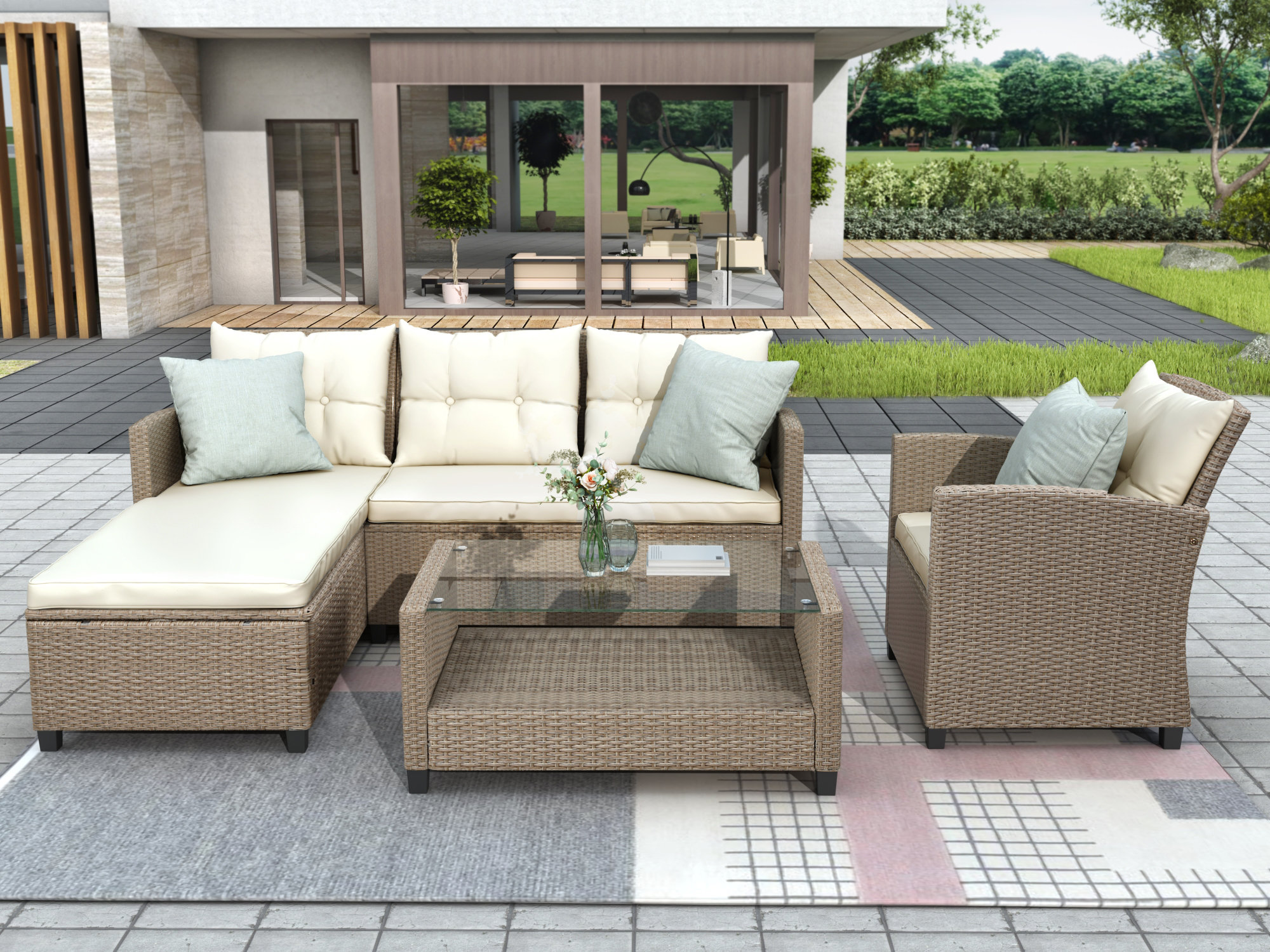 Red Barrel Studio Living Room Outdoor Patio Furniture Sets 4 Piece Conversation Set Wicker Ratten Sectional Sofa With Seat Cushions Beige Wayfair Ca