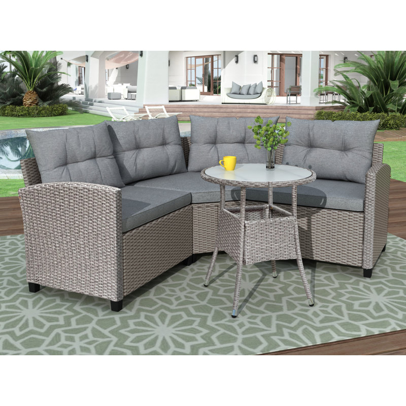 Latitude Run 4 Piece Resin Wicker Patio Furniture Set With Round Table Grey Cushions Wayfair Ca