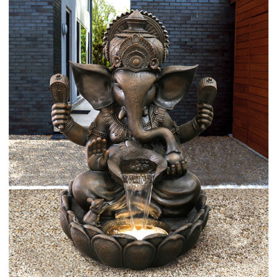35In Resin Ganesha Sculptural Fountain with Warm White LED Light