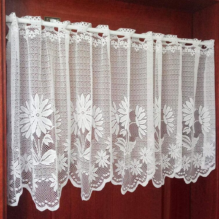 VALANCE WHITE WITH NAVY GINGHAM CHECK FLORAL LACE 59" X 14" EMBROIDERED FLOWERS 