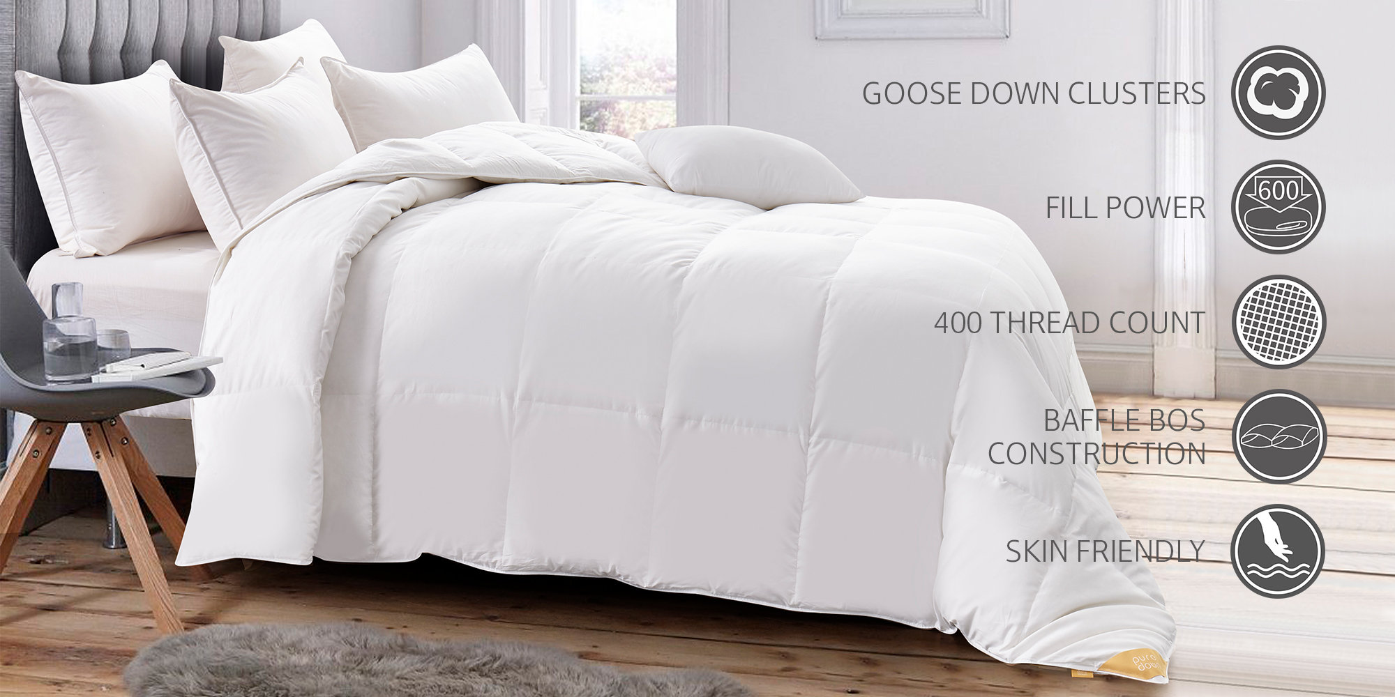 Elliz 600 FP White Down Comforter 300 TC 100/% Cotton Level 1 Light Weight