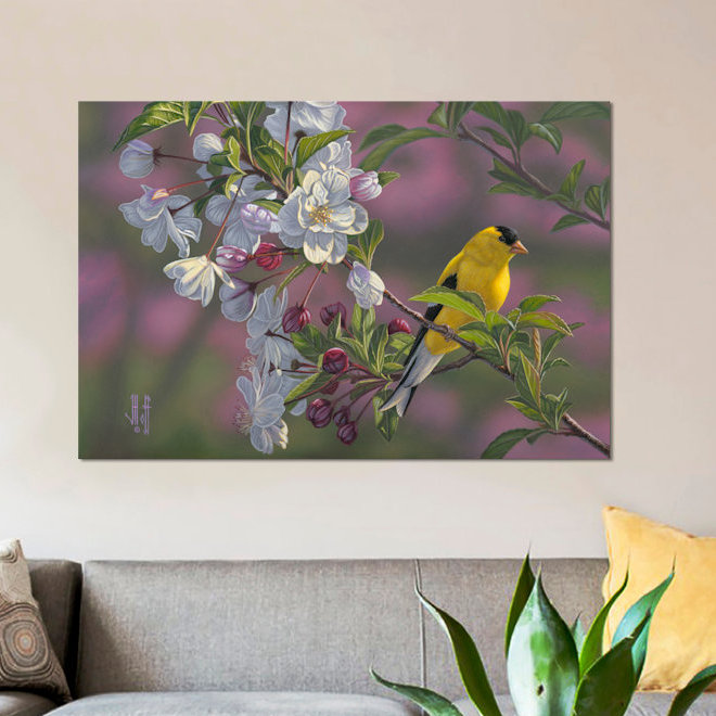East Urban Home Goldfinch And Spring Blossoms Painting Print On