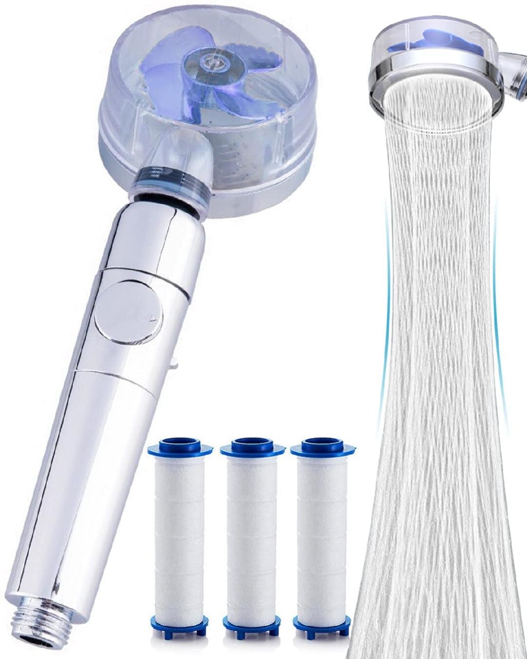 360 Degree Rotating Handheld Turbocharged Pressure Propeller Shower Blue Propeller Driven Turbo Charged Spinning Shower Head with Filter and Pause Switch 