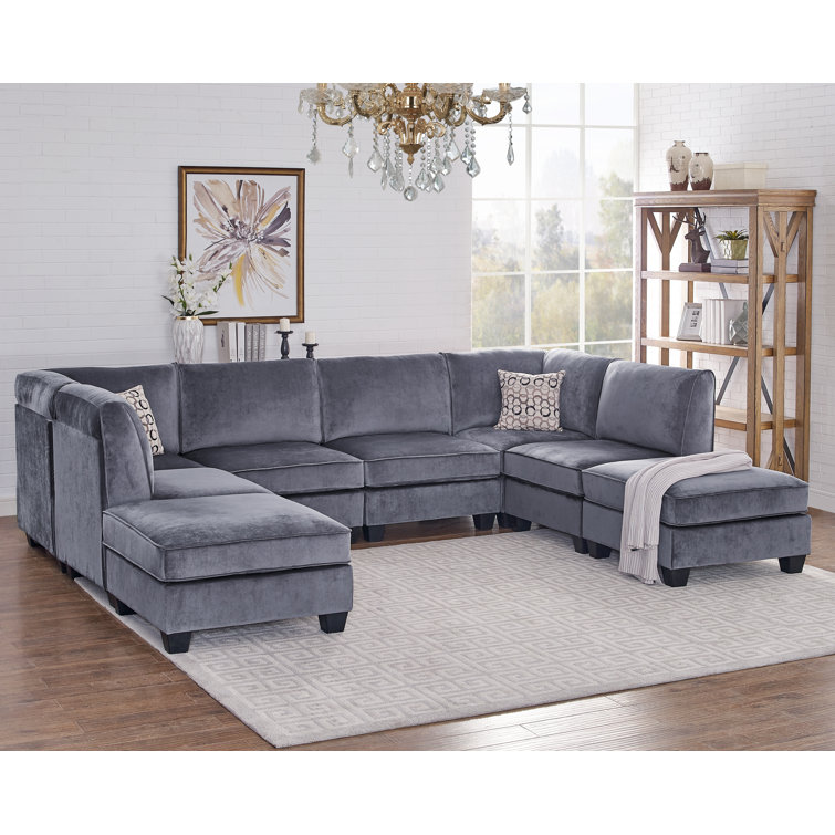 Dawnelle 120" Wide Velvet Symmetrical Modular Sectional with Ottoman