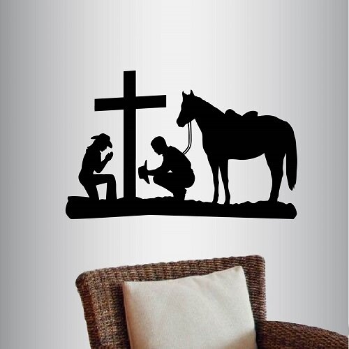 Millwood Pines Cowboy And Cowgirl Praying Kneeling Cross Horse Wall