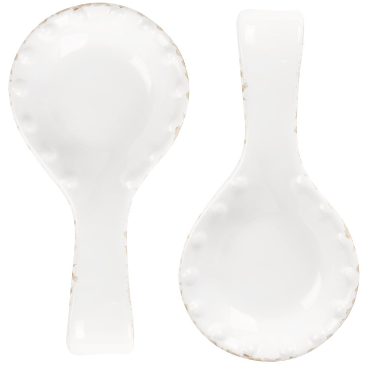 White Ceramic Spoon Rest With Beaded Design, Set Of 2