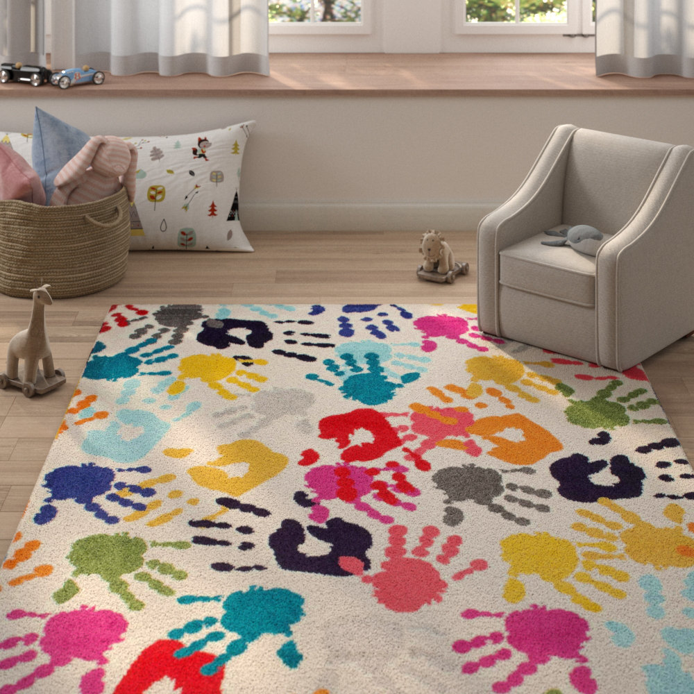 Zoomie Kids Devante Contemporary Hands Power Loom Performance White/ Multi  Rug & Reviews | Wayfair