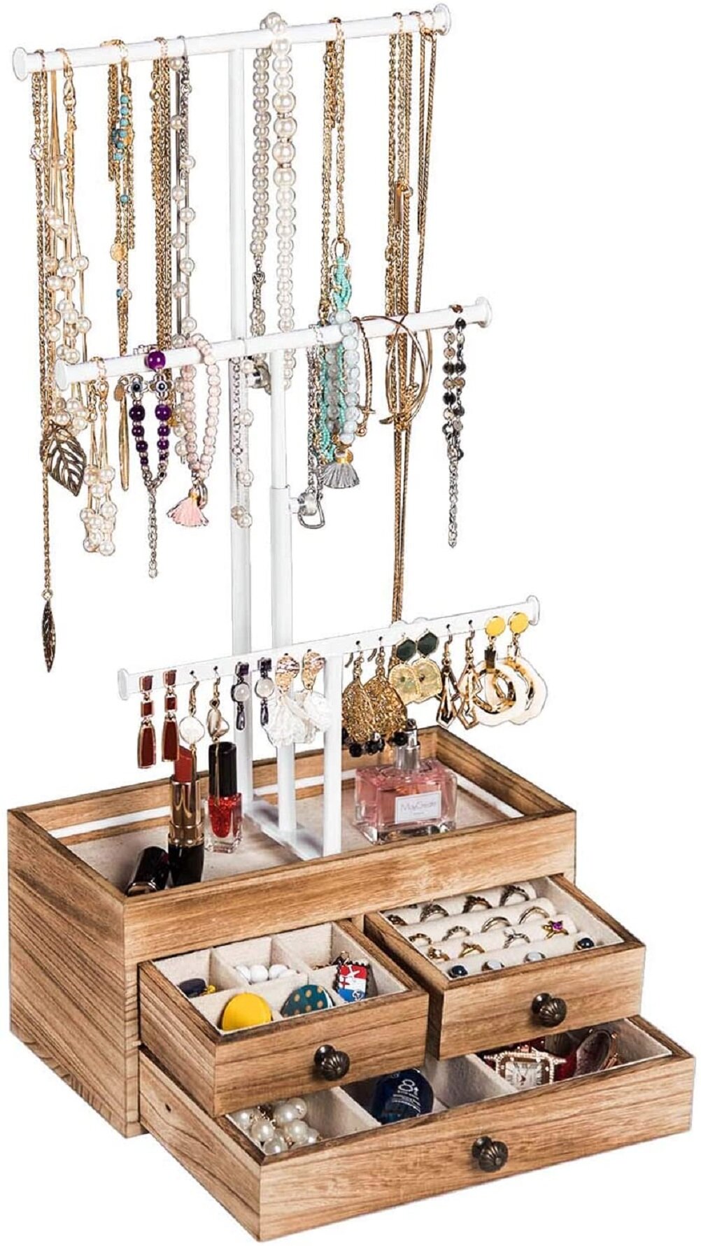 Wonderful Gift for Girls FTLL Jewelry Organizer 3 Tier Jewelry Tree Stand Metal & Wood Jewelry Storage Box Display with Adjustable Height for Necklaces Bracelet Earrings and Ring 