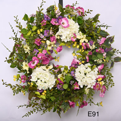 26" Handcrafted Faux Hydrangea Morning Glory Floral Wreath for Front Door