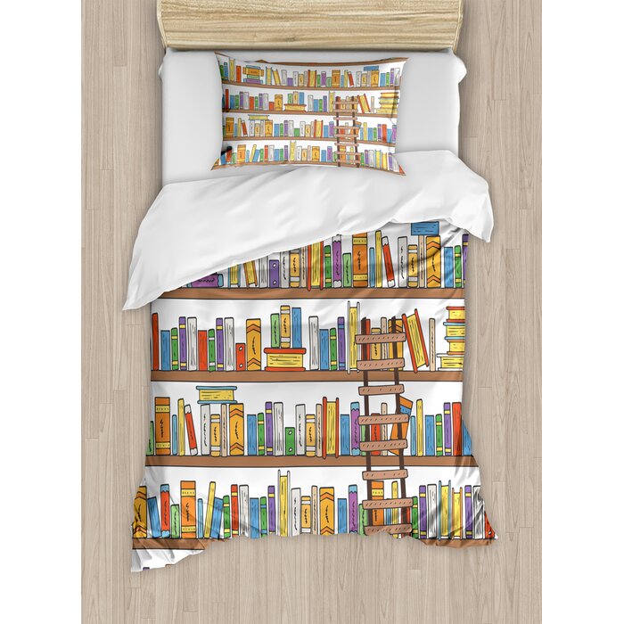 Modern Library Bookshelf With A Ladder School Education Campus Life Caricature Illustration Duvet Cover Set