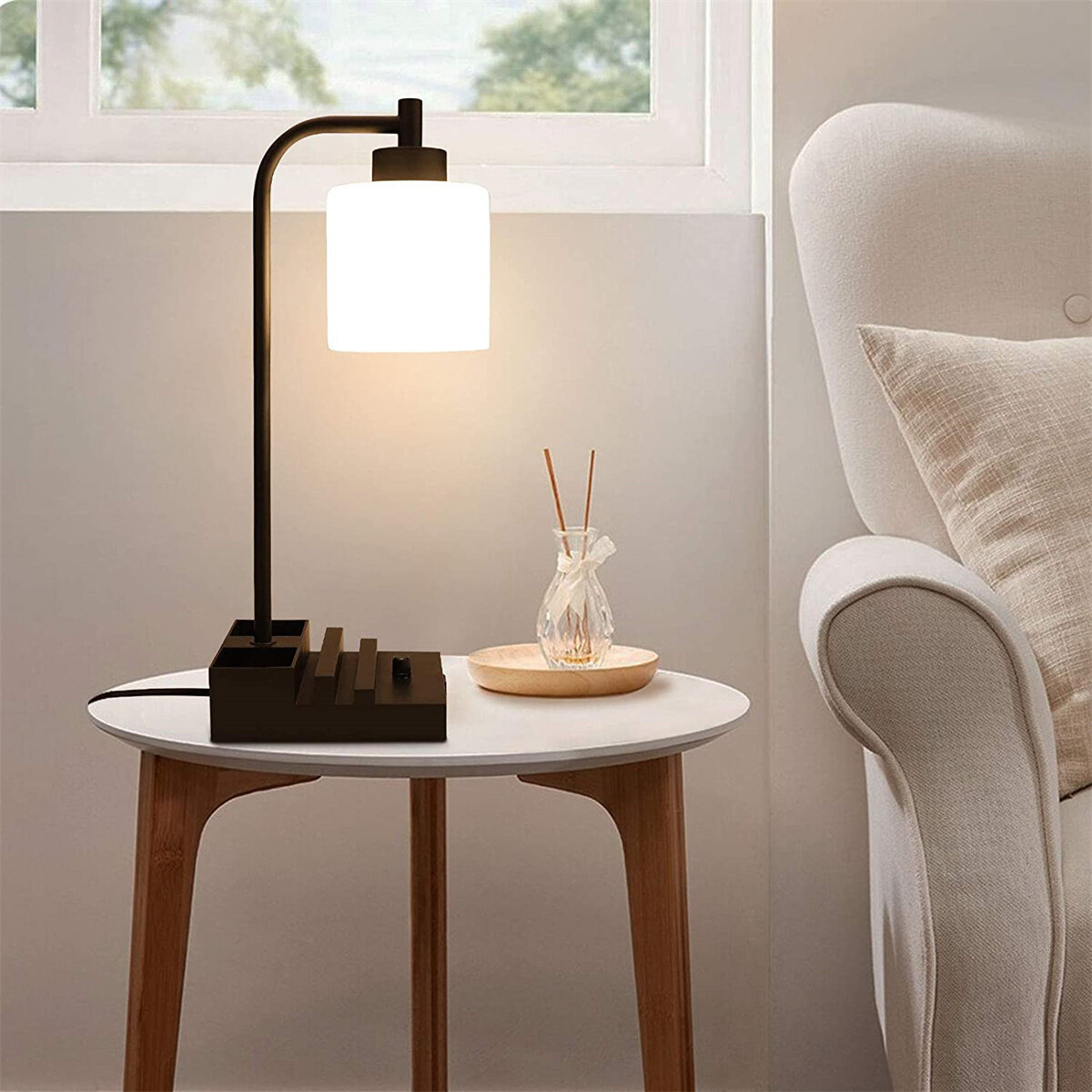 Glass Shade Farmhouse Lamp for Bedroom Living Room Office Industrial Table Lamp LED Bulb Included Stepless Dimmable Vintage Bedside Nightstand Lamp with 2 USB Ports and AC Power Outlet 