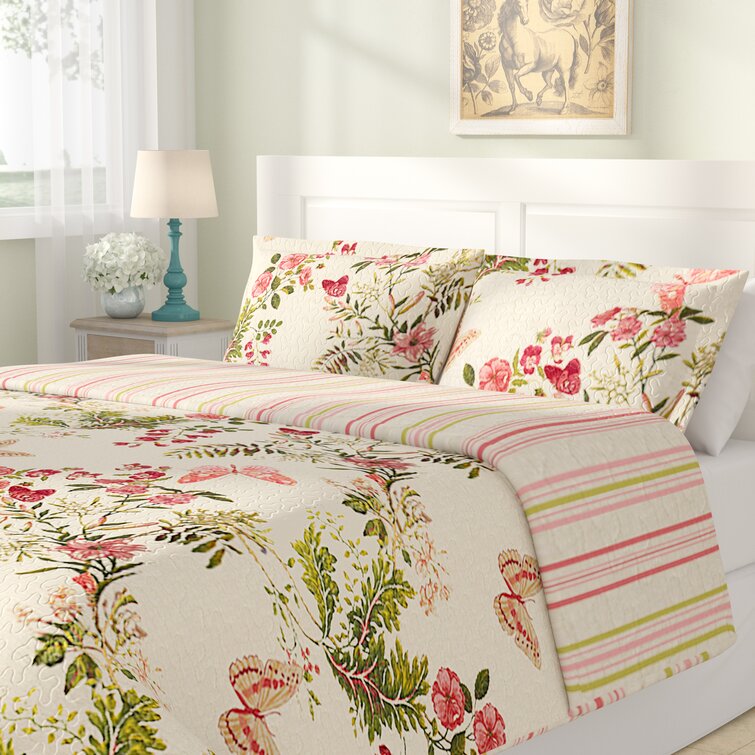 Rieth Floral 100% Cotton Reversible Quilt Set Coverlet Bedspread 