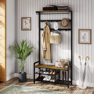Hallway Mud Room Foyer Bench 46 Inch Increased 16 Inch Width with Two Shoe Shelves 