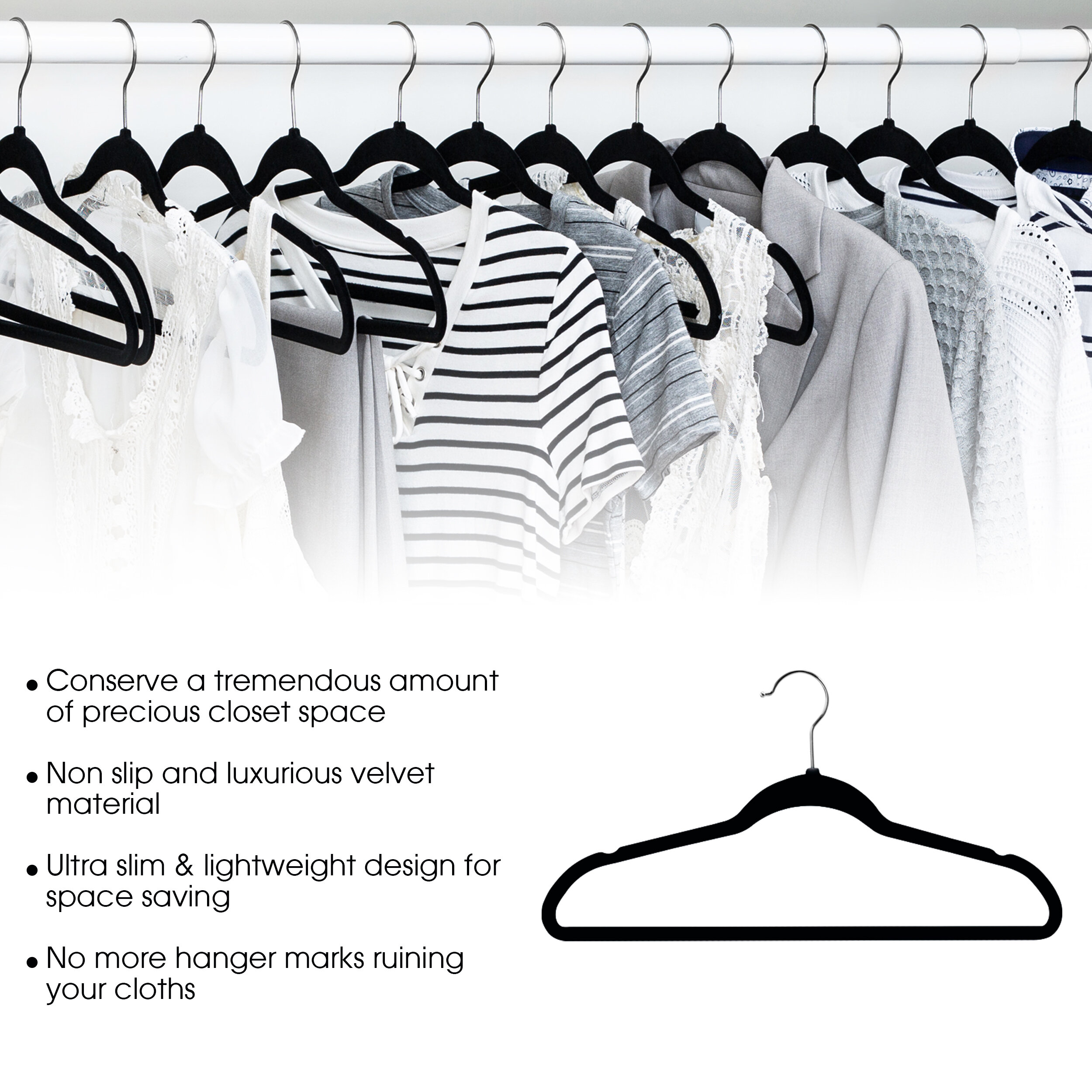 Premium Quality Thin Velvet Hangers 30 Pack Heavy Duty Non Slip Suit Hangers Swivel Ultra Thin 30, Black 
