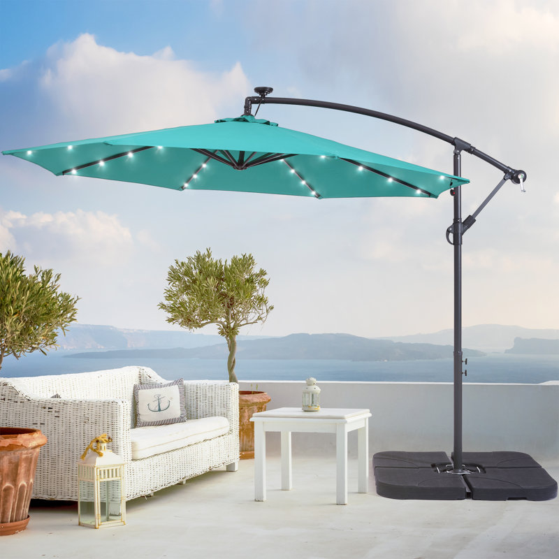 10Ft. Offset Patio LED Umbrella Hanging Umbrella, Outdoor Solar Lights Patio Garden Umbrellas W/Steel Ribs For Deck And Balcony Fabric Color: Lake Blue