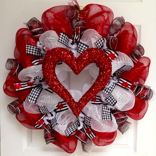 black & red stripe Valentines Day Large Deco Mesh Wreath metal heart sign pink deco mesh love sign Valentine’s Day Farmhouse truck