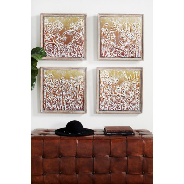 World Menagerie 4 Piece Embossed Metal With Floral And Botanical In Square Wood Frames Wall Decor Set Wayfair