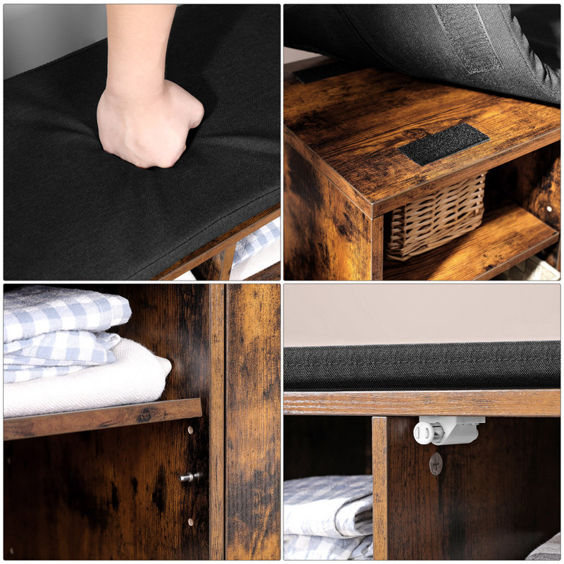 Loon Peak Shoe Bench Storage Bench With Cupboard And 9 Open Compartments Shoe Shelf Padded Seat Barn Door 43 3 X 11 8 X 18 9 Inches Rustic Brown Reviews Wayfair Ca