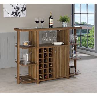 Dark Walnut Center Bottle Rack and Storage Drawers ioHOMES Tabbart Contemporary Standing Wine Cabinet with Showcase Glasses Open Shelves