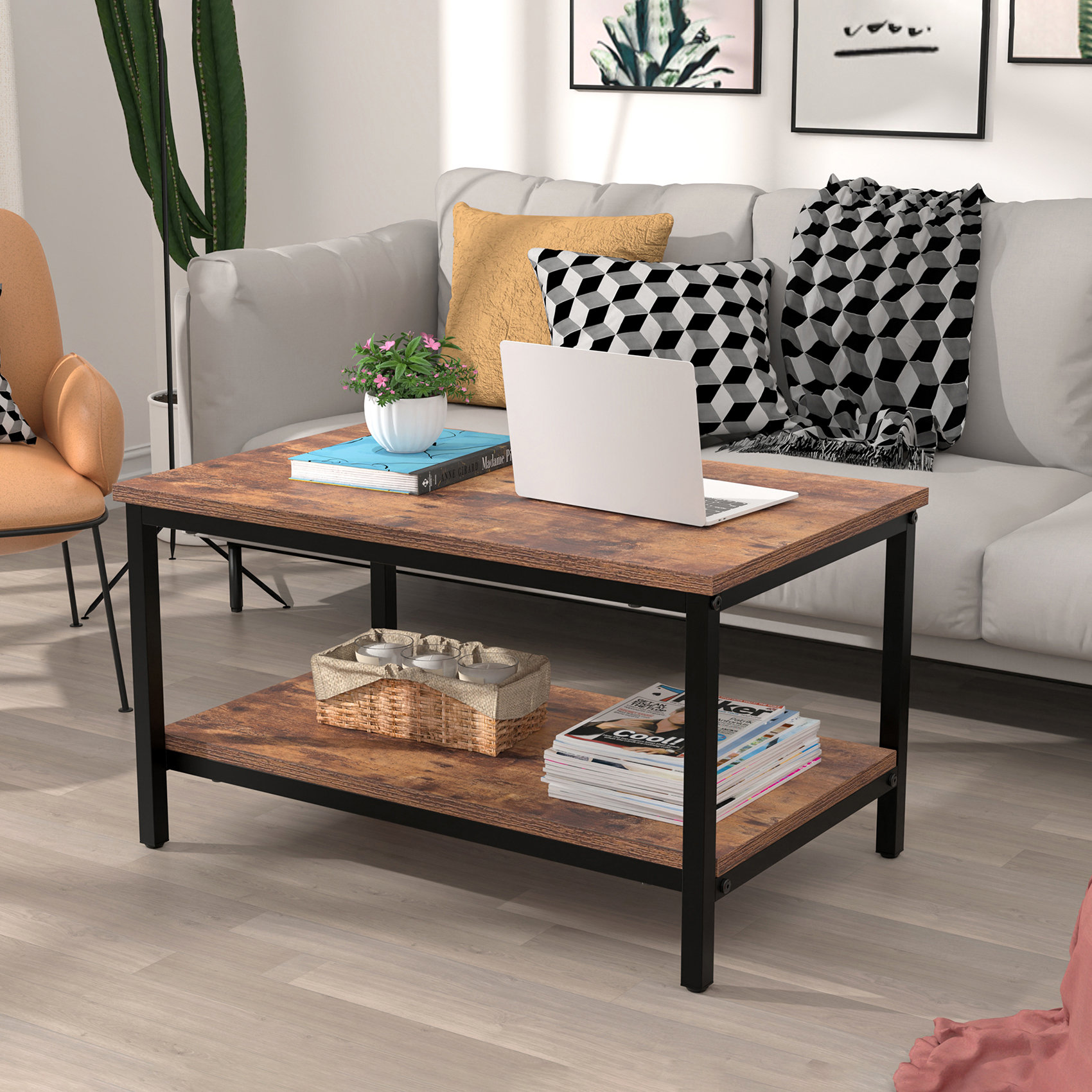 17 Stories Coffee Table With Metal Frame, 2-Layer Coffee Table With ...