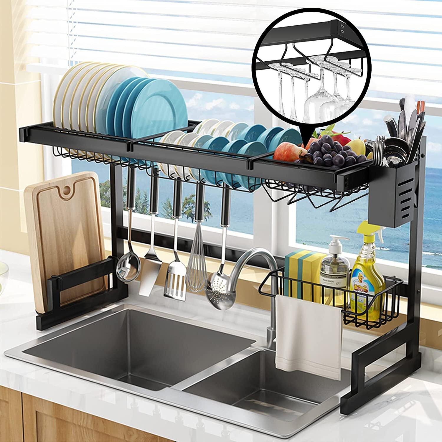 Stainless Steel Rustproof 2 Tier Dish Rack with Adjustable Pot Lid organizer Black Dish Drying Rack with Pot Holder Silverware Tray Glass Holder for Kitchen Counter