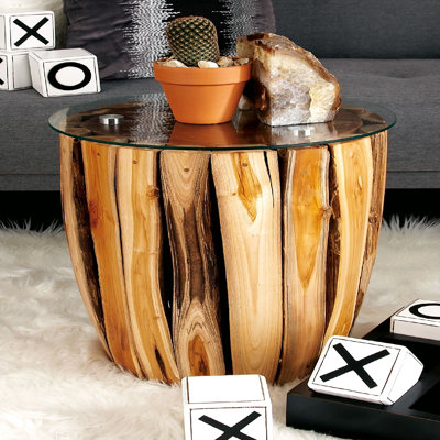 Ranier Brown Teak Wood Handmade Live Edge Tree Branch Side End Accent Table with Clear Glass Top