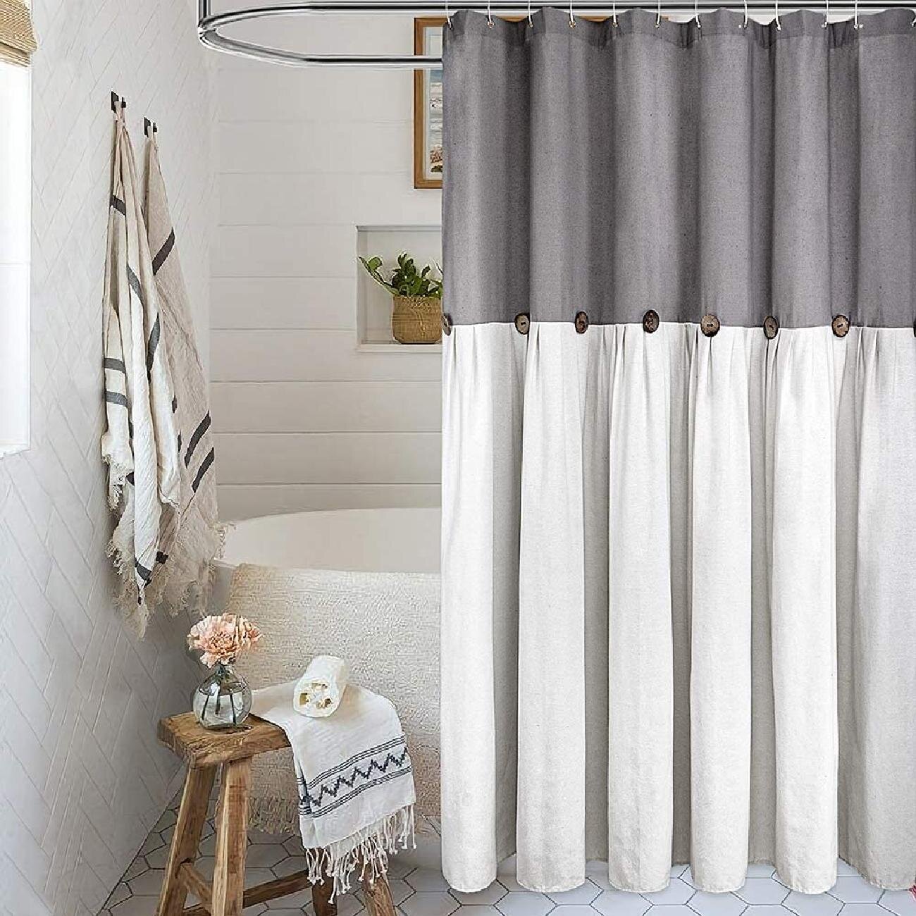 Latitude Run® Linen Farmhouse Shower Curtain Button Bathroom With Grey