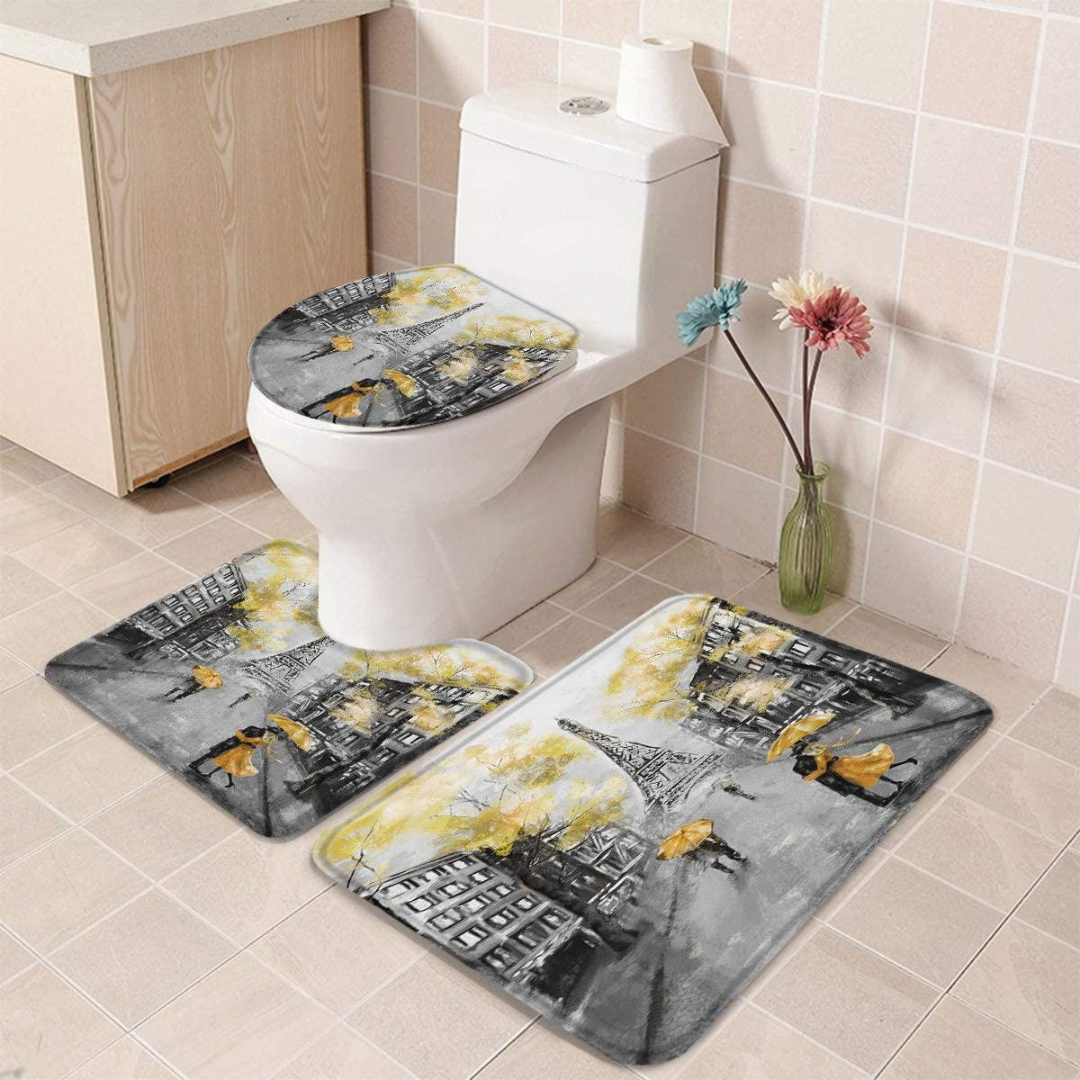Eiffel Tower Shower Curtain Bathroom Rug Set Bath Mat Non-Slip Toilet Lid Cover 