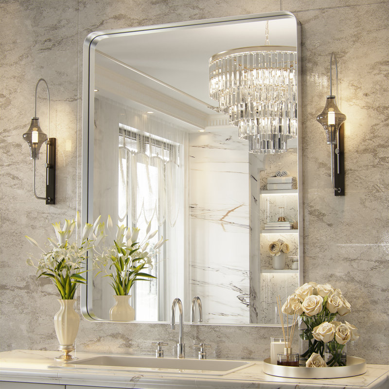PrimePlus Rectangle Wall Mirror Bathroom Vanity Mirror Size: 24" x 16", Finish: Silver