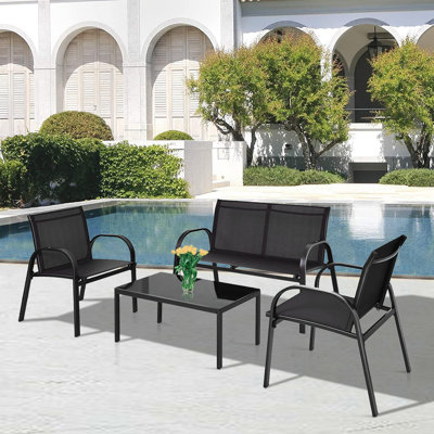 Outdoor 4 Pieces Patio Furniture Set with Glass Top Coffee Table