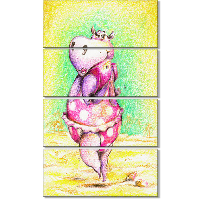 Designart Cute Hippo Goes Swimming 4 Piece Painting Print On