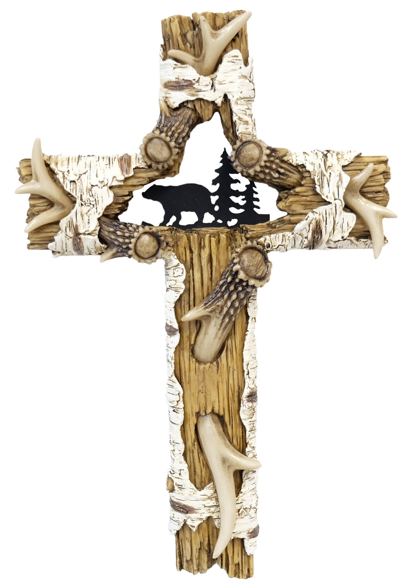 Millwood Pines Polyresin Faux Birch Wood with Scenic Bear and Antler