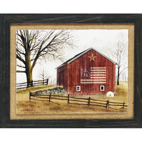 August Grove Flag Barn Primitive Country Farm Landscape Framed