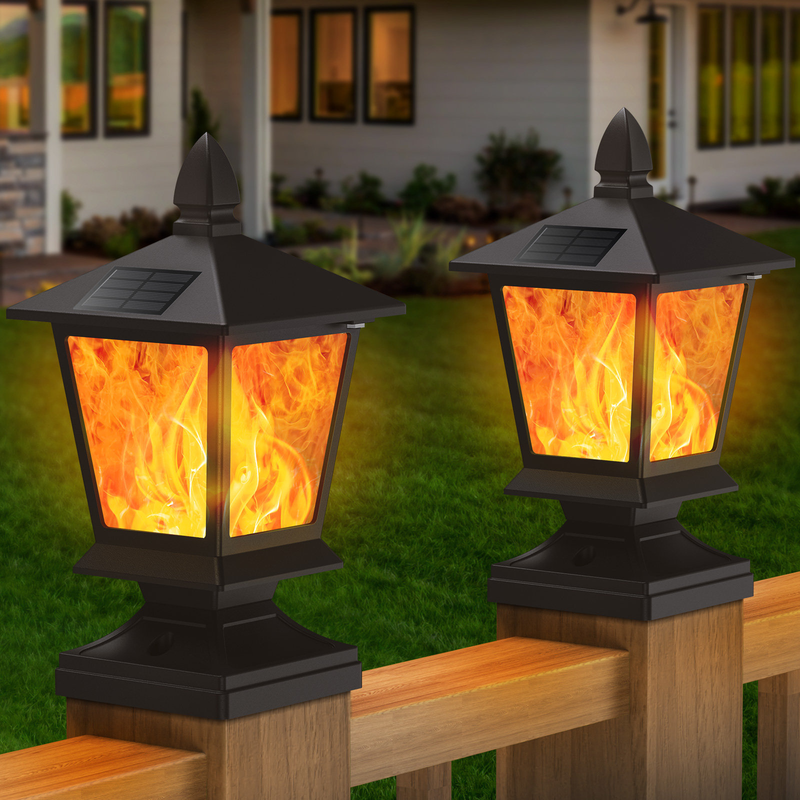 4-In-1 Solar Flickering Flame Lantern Porch Patio Deck Garden Fence Post Light 