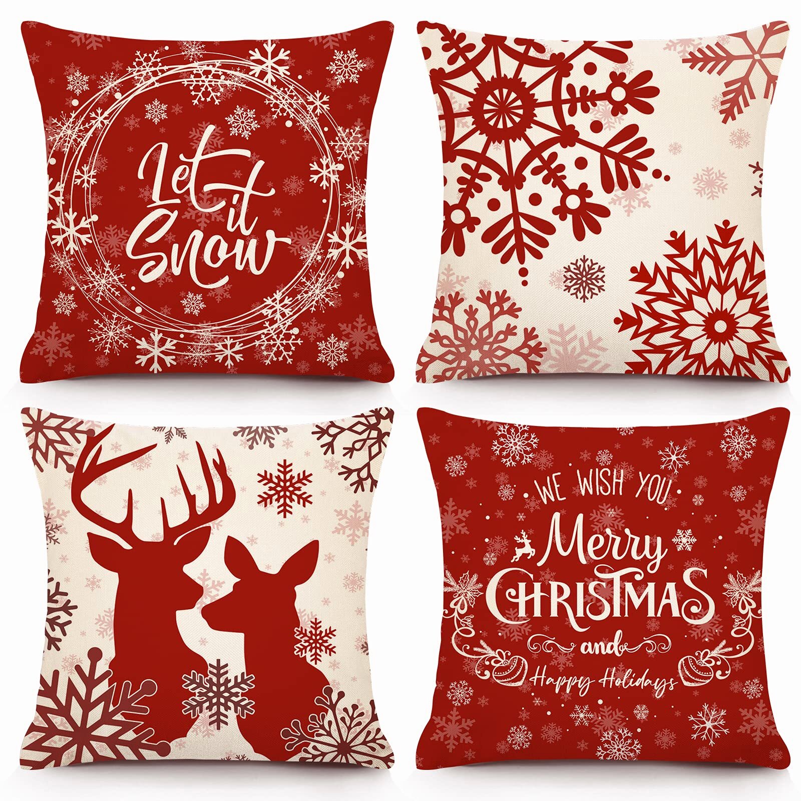 Kubert Christmas Throw Pillow Covers 18x18 Inches Christmas Decorations Winter Holiday Decorative Pillowcase Farmhouse Cushion Case for Sofa Couch Set of 4 