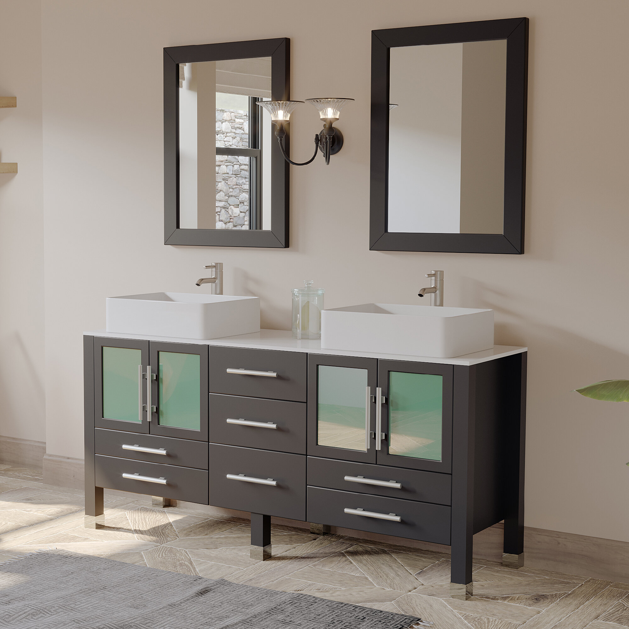 Meserve 65 Espresso Solid Wood Double Bathroom Vanity Set With Mirror