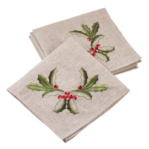 Embroidered Holly Christmas Napkin (Set of 4)