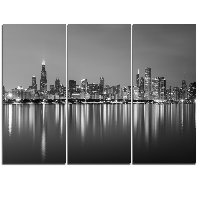 DesignArt Chicago Skyline at Night Black and White - 3 ...