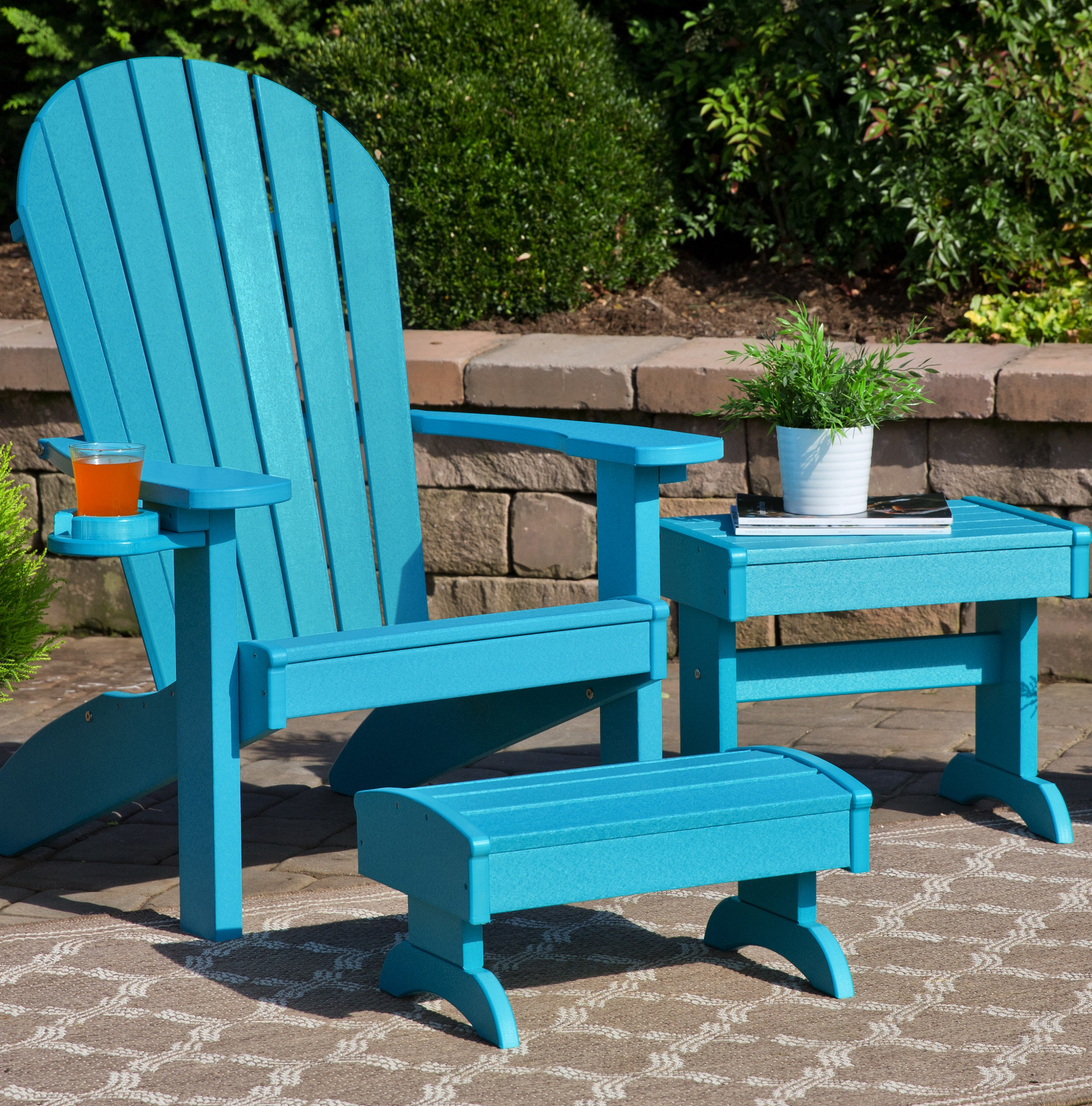 Kells 3 Piece Plastic Adirondack Chair Set With Ottoman And Table 